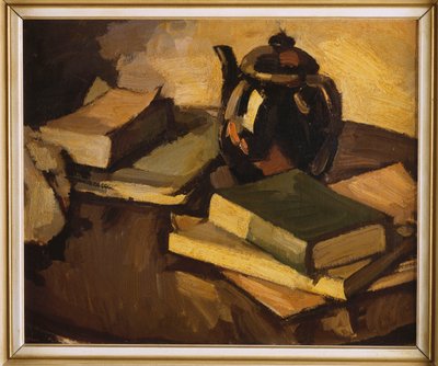 حياة ساكنة مع إبريق الشاي والكتب على الطاولة ، ج .1926 بواسطة صموئيل جون بيبلوي