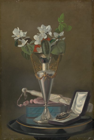 لا تزال الحياة مع المروحة والقلادة ، ج. 18651875. بواسطة صموئيل مارسدون بروكس