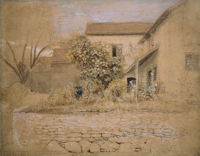 منزل وحديقة في تينترن ، 1835 (قلم وحبر ، مرحاض وطلاء جسم على الجرافيت والطباشير الأسود على ورق برتقالي وردي) بواسطة صموئيل بالمر