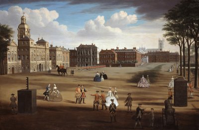 منظر للجبهة الغربية لحرس الخيل مع الخزانة وداونينج ستريت ، c.1758 بواسطة صموئيل ويل