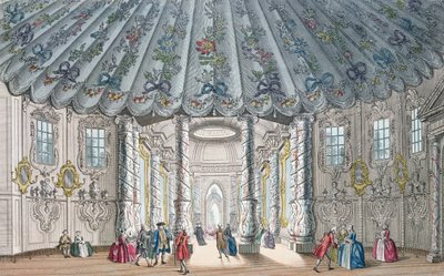 منظر داخلي لغرفة الموسيقى الأنيقة في حدائق فوكسهول ، محفورة بقلم H. Roberts ، 1752 (نقش ملون باليد) بواسطة صموئيل ويل