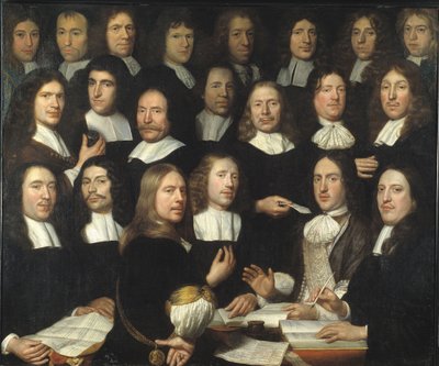 صورة جماعية لأساتذة دار سك العملة في دوردريخت (Portrait de groupe des maitres et des officer de la monnaie de Dordrecht) - Peinture de Samuel Dirksz van Hoogstraten (1627-1678) - 1674 - زيت على قماش - 139.5x166 - متحف Dordrechts بواسطة صموئيل فان هوغستراتن