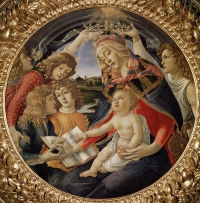 مادونا من Magnificat أو العذراء مع الطفل وخمسة ملائكة (تمبرا على الخشب بواسطة ساندرو بوتيتشيلي