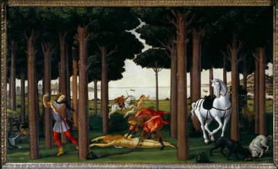 قصة Nastagio degli Onesti: Infernal Hunt "" الحلقة الثانية من سلسلة من أربعة: Nastagio ، غير سعيدة في الحب ، تحضر نزع أحشاء امرأة شابة مذنبة لعدم تبادل الحب الذي يحمله فارس ، والذي ستلتهمه الكلاب. من فترة قصيرة بواسطة ساندرو بوتيتشيلي