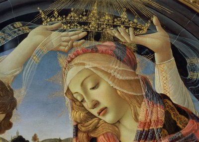 مادونا من Magnificat ، تفاصيل وجه العذراء وتاجها بواسطة ساندرو بوتيتشيلي