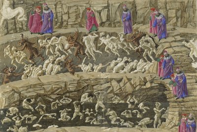 كانتو الثامن عشر ، جزء من الدائرة الثامنة للجحيم ، صورة توضيحية من جحيم دانتي "جحيم" ، c.1485 بواسطة ساندرو بوتيتشيلي