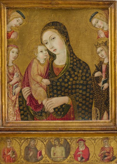 مادونا والطفل مع المسيح الميت ، القديسين أغنيس وكاترين الإسكندرية ... كاليفورنيا. 1470-80. بواسطة سانو دي بيترو