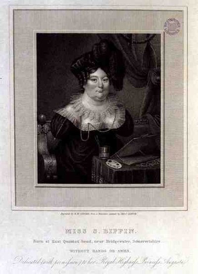 الآنسة S. Biffin ، ولدت في East Quantox-head ، بالقرب من Bridgewater ، Somersetshire ، بدون أيدي أو أذرع ، نقش بواسطة RW Sievier بواسطة سارة (بعد) بيفين