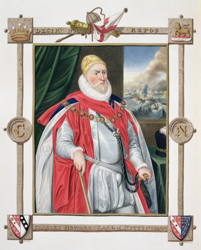 صورة تشارلز هوارد (1536-1624) بارون إيفينغهام الثاني وأيرل نوتنجهام الأول من "مذكرات محكمة الملكة إليزابيث" ، بعد صورة دانيال ميتينز (1644-88) المنشورة عام 1825 ( بواسطة سارة كونتيسة إسكس