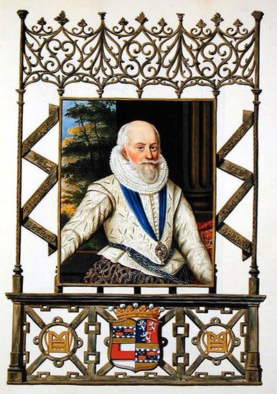 صورة لإدوارد سومرست (1553-1628) إيرل ووستر الرابع من "مذكرات محكمة الملكة إليزابيث" ، نُشرت عام 1825 (ألوان مائية وغواش على ورق) بواسطة سارة كونتيسة إسكس