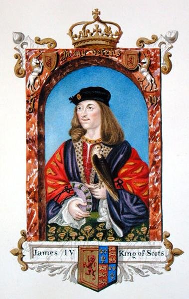 صورة لجيمس الرابع ملك اسكتلندا (1473-1513) من "مذكرات محكمة الملكة إليزابيث" ، نُشرت عام 1825 (ألوان مائية وغواش على ورق) بواسطة سارة كونتيسة إسكس