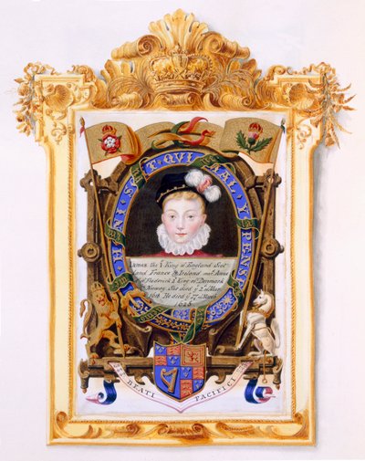 صورة لجيمس السادس من اسكتلندا (1566-1625) لاحقًا جيمس الأول ملك إنجلترا كصبي c.1574 من "مذكرات محكمة الملكة إليزابيث" ، نُشر عام 1825 (مرحاض وغواش على ورق) بواسطة سارة كونتيسة إسكس