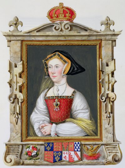 صورة لجين سيمور (c.1509-37) الملكة الثالثة لهنري الثامن من "مذكرات محكمة الملكة إليزابيث" بعد صورة هانز هولبين (14978-1543) ، المنشورة عام 1825 (مرحاض وغواش على ورق) بواسطة سارة كونتيسة إسكس