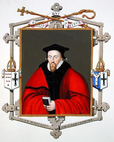 صورة لجون ويتجيفت (1530-1604) رئيس أساقفة كانتربري من "مذكرات محكمة الملكة إليزابيث" ، نُشرت عام 1825 (ألوان مائية وغواش على ورق) بواسطة سارة كونتيسة إسكس
