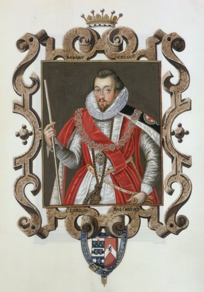 صورة لروبرت سيسيل (1563-1612) إيرل ساليسبري الأول من "مذكرات محكمة الملكة إليزابيث" ، نُشر عام 1825 (مرحاض وغواش على ورق) بواسطة سارة كونتيسة إسكس
