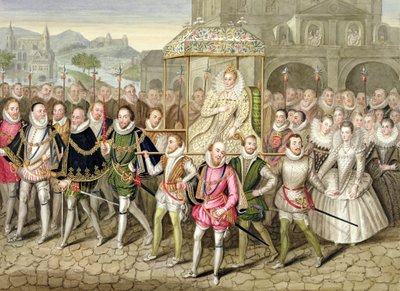 الملكة إليزابيث الأولى في موكب مع رجالها (c.160003) من "مذكرات محكمة الملكة إليزابيث" بعد نفط منسوب إلى روبرت بيك (c.1592-1667) في قلعة شيربورن ، نُشر في 18 بواسطة سارة كونتيسة إسكس
