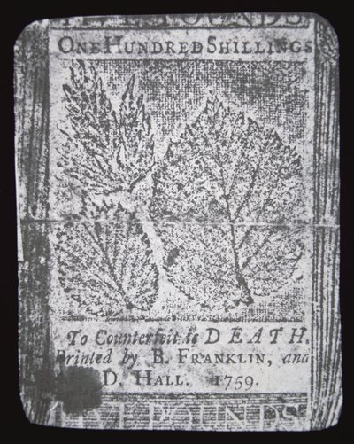 A 100 shilling note designed and printed by Benjamin Franklin in 1759 (litho) بواسطة المدرسة الأمريكية