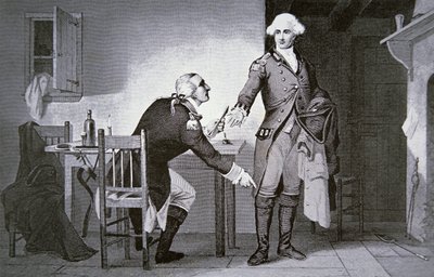 American traitor: General Benedict Arnold instructing Andre to hide papers in his boot top (litho) بواسطة المدرسة الأمريكية