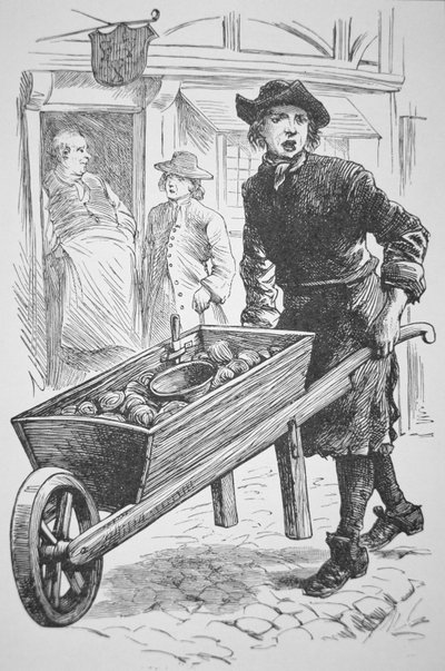 An oyster man in New England peddling his wares in the 17th century (litho) بواسطة المدرسة الأمريكية