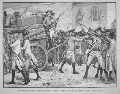 British troops escorting the stamped paper to the City Hall, New York (litho) بواسطة المدرسة الأمريكية