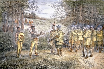 يتاجر الكابتن مايلز ستانديش مع هنود وامبانواغ في عام 1621 (لون ليثو) بواسطة المدرسة الأمريكية