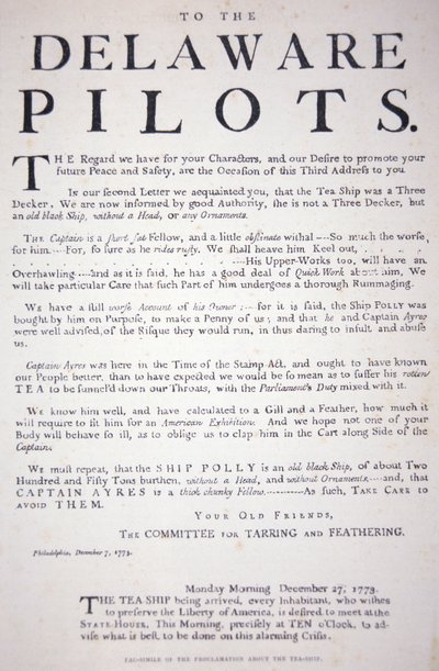 Facsmile of the proclamation from the Philadelphia patriots to the Delaware Pilots warning them not to deal with the British tea ship, 7 December 1773 (litho) بواسطة المدرسة الأمريكية