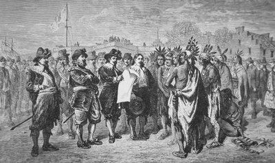 Governor Kieft makes peace with the Indians in 1646 (litho) بواسطة المدرسة الأمريكية