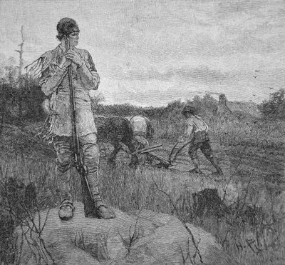 Guarding a farm against an Indian attack, after an illustration by Howard Pyle (litho) بواسطة المدرسة الأمريكية