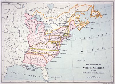 Map of the Colonies of North America at the time of the Declaration of Independence (colour engraving) بواسطة المدرسة الأمريكية
