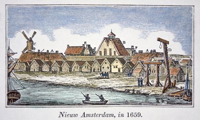 New Amsterdam (later New York) on Manhattan Island, from a view published in 1659 (colour litho) بواسطة المدرسة الأمريكية