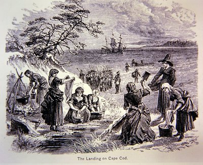 حط الآباء الحجاج في أمريكا عام 1620 - الهبوط في كيب كود يظهر النساء في العمل (ليثو) بواسطة المدرسة الأمريكية