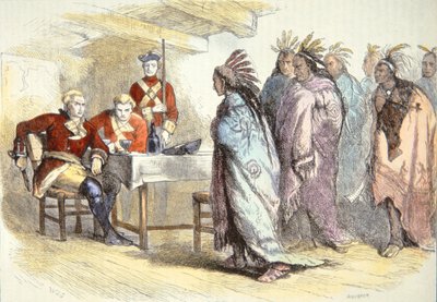بونتياك تزور الرائد جلادوين في فورت ديترويت عام 1763 (لون ليثو) بواسطة المدرسة الأمريكية