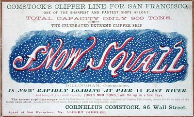 إعلان ملصق "Comstock's Clipper Line for San Francisco، Snow Squall" (لون ليثو) بواسطة المدرسة الأمريكية