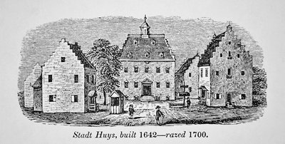 مبنى Stadt Huys الهولندي ، نيو أمستردام (نيويورك) ، تم بناؤه عام 1642 ودمر في عام 1700 (ليثو) بواسطة المدرسة الأمريكية