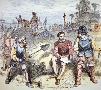 The founding of St. Augustine in Florida by the Spanish in 1565 (colour litho) بواسطة المدرسة الأمريكية