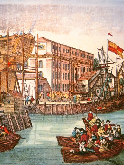 View of New York harbour in the mid-18th century (colour litho) بواسطة المدرسة الأمريكية