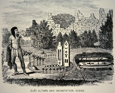 Zuni Tribesman ينفخ حبوب اللقاح فوق ضريح بويبلو (نقش) بواسطة المدرسة الأمريكية
