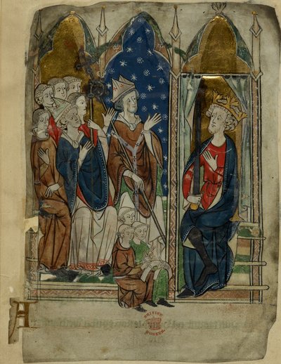 Cotton Vitellius A. XIII f.6v الملك إدوارد الأول جالسًا مع بلاطه وكتابه ، من "سجلات متنوعة" ، حوالي 1280-1300 (حبر ، لون وذهب على ورق) بواسطة مدرسة الأنجلو الفرنسية