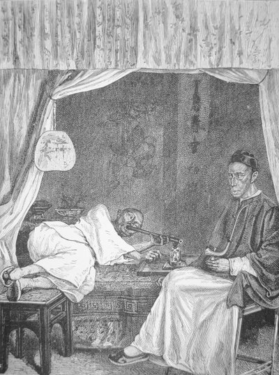 Chinese opium smokers, engraving from 1875 (litho) بواسطة المدرسة الصينية