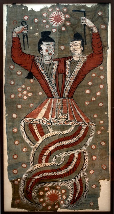 Fuxi and Nuwa, found in the tombs of Astana Cemetery, Turfan (painted silk) بواسطة المدرسة الصينية