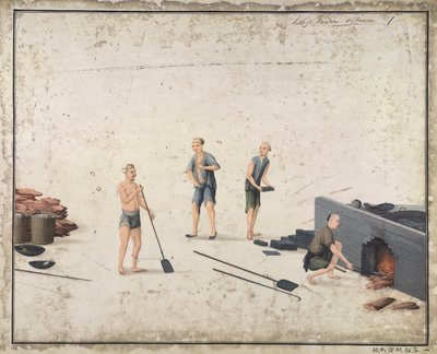 "وضع الرصاص والكبريت والزئبق" ، تصنيع الرصاص الأحمر في الصين ، حوالي عام 1820 (ألوان مائية على ورق) بواسطة المدرسة الصينية