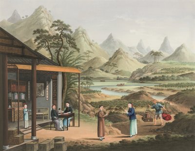 إنتاج الشاي، حوالي عام 1820 (طلاء بالألوان الجسدية والذهبية على حرير موضوع على ورق) بواسطة المدرسة الصينية
