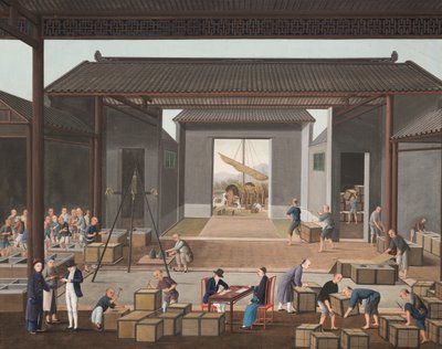 إنتاج الشاي، حوالي عام 1820 (طلاء بالألوان الجسدية والذهبية على حرير موضوع على ورق) بواسطة المدرسة الصينية