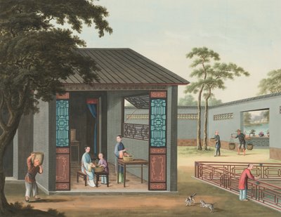إنتاج الشاي، حوالي عام 1820 (طلاء بالألوان الجسدية والذهبية على حرير موضوع على ورق) بواسطة المدرسة الصينية