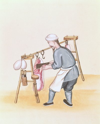 بائع اللحوم ، من كتاب عن مكالمات شوارع بكين ، حوالي عام 1785 (ألوان مائية وغواش على ورق) بواسطة المدرسة الصينية