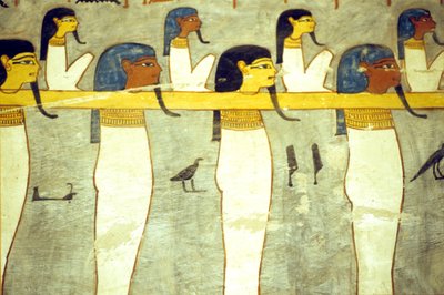 مصر القديمة، لوحة، آلهة العالم السفلي المربوطة إلى حتحور، البقرة الإلهية، تجر مركب الشمس، مقبرة رمسيس الأول، طيبة بواسطة المدرسة المصرية