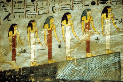مصر القديمة، لوحة، مقبرة رعمسيس الأول، طيبة، ست آلهة تمثل الساعات الست الأولى من الليل، تصعد جبلًا تحته بركة بواسطة المدرسة المصرية