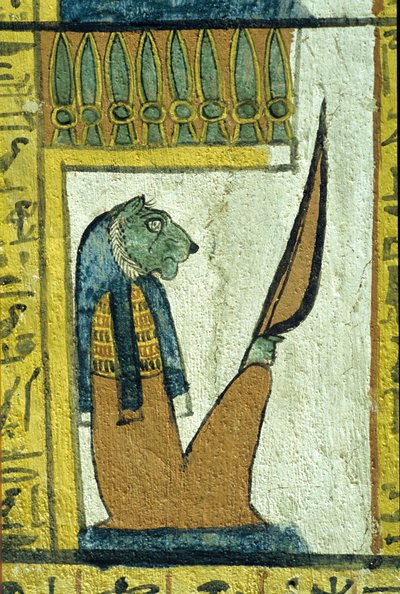 مصر القديمة، لوحة جدارية، إله العالم السفلي برأس أسد، مقبرة سنيدجم، طيبة، دير المدينة بواسطة المدرسة المصرية