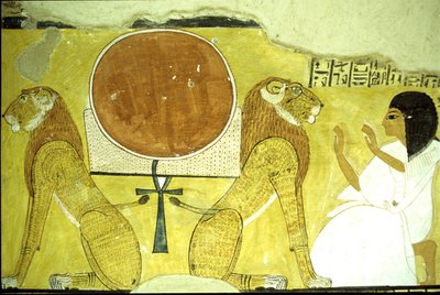مصر القديمة، لوحة جدارية مقبرة انحرخاو، طيبة، انحرخاو يعشق أسدين، حراس اليوم والغد، الأسرة العشرين (صورة) بواسطة المدرسة المصرية