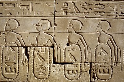 مصر القديمة، الرسم الجداري/النحت، الكرنك/الأقصر، الصرح السادس، جزء من قوائم قبائل الجنوب وسوريا التي خضعت لجيش تحتمس الثالث، معبد الكرنك، الأقصر بواسطة المدرسة المصرية